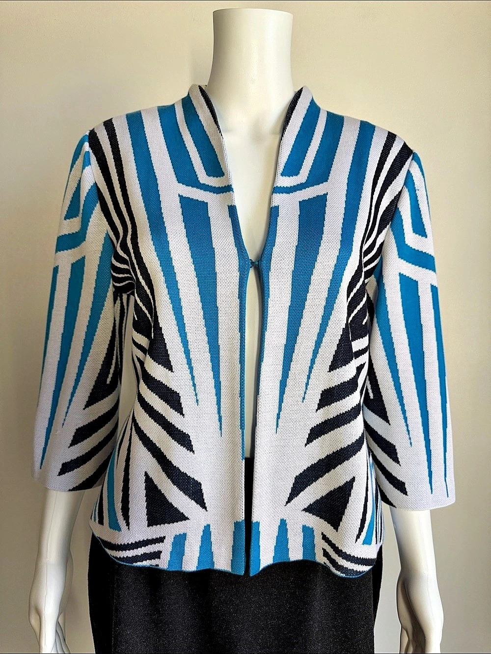 Ming Wang Geometric Knit Clasp Front Jacket Blue Black White Size Petite Medium